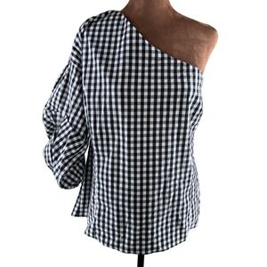 Express One Shoulder Blouse Top Women's XL Black White Gingham Puff Sleeve EUC